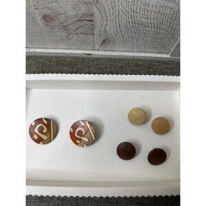 Vintage Clip-On Earrings Set Of 3 Wooden Tribal & Modern Designs Round Shape